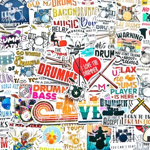 May include: A collection of colourful stickers featuring various drum-related designs. The stickers include phrases like "I Love the Drummer", "Go Where the Drums Are", "Born to Drum", and "Drum Bass".