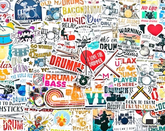 May include: A collection of colorful stickers featuring various drum-related designs. The stickers include phrases like "I Love the Drummer", "Go Where the Drums Are", "Born to Drum", and "Drum Bass".