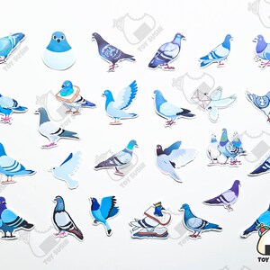 May include: A collection of 24 blue and white pigeon stickers with various poses and designs. The stickers feature the text "Toy Sushi" on several of them.
