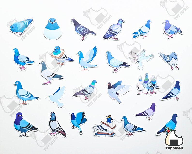 May include: A collection of 24 blue and white pigeon stickers with various poses and designs. The stickers feature the text "Toy Sushi" on several of them.