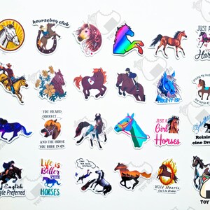 May include: A collection of 18 colorful stickers featuring horses and horse-related designs. The stickers include phrases like "Just a Girl Who Loves Horses", "Life is Better with Horses", and "Wild Hearts Can't Be Broken".