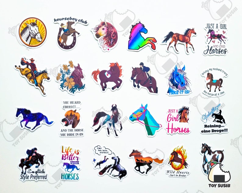 May include: A collection of 18 colorful stickers featuring horses and horse-related designs. The stickers include phrases like "Just a Girl Who Loves Horses", "Life is Better with Horses", and "Wild Hearts Can't Be Broken".