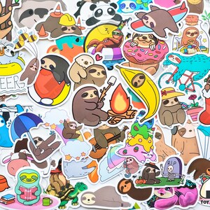 May include: A collection of colorful stickers featuring cartoon sloths in various poses and settings. The stickers include sloths holding a campfire, riding a bicycle, reading a book, and wearing a Santa hat. The stickers are perfect for adding a touch of whimsy to laptops, water bottles, and other surfaces.