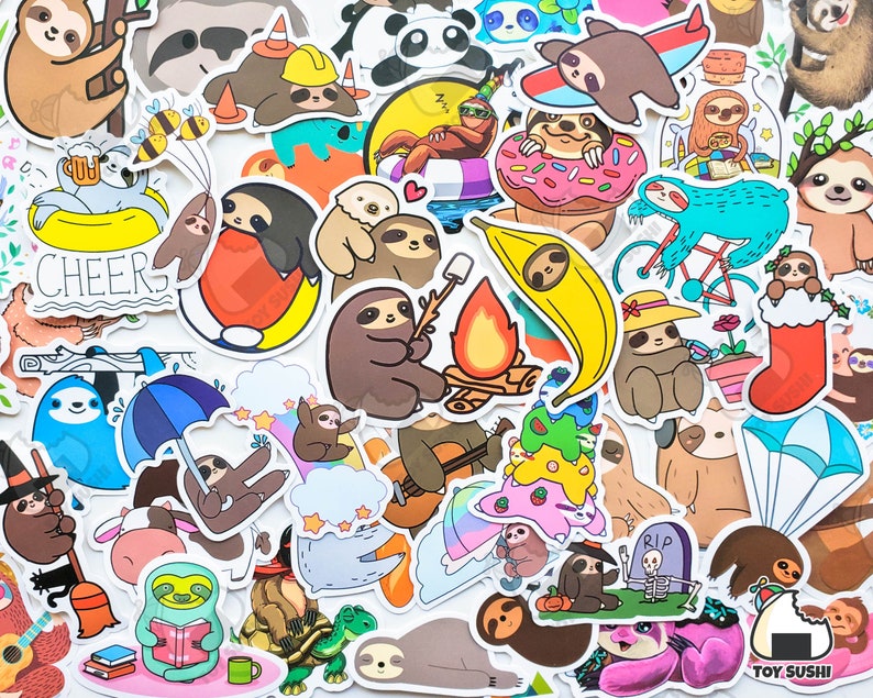 May include: A collection of colorful stickers featuring cartoon sloths in various poses and settings. The stickers include sloths holding a campfire, riding a bicycle, reading a book, and wearing a Santa hat. The stickers are perfect for adding a touch of whimsy to laptops, water bottles, and other surfaces.