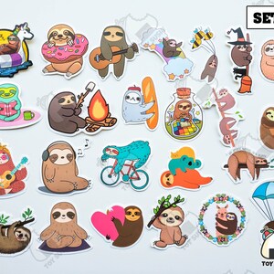 May include: Set of 20 colorful sloth stickers with various designs, including a sloth playing guitar, a sloth riding a bike, a sloth with a campfire, and a sloth with a cup of coffee. The stickers are perfect for adding a touch of whimsy to laptops, water bottles, journals, and more.
