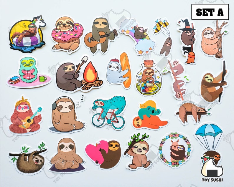 May include: Set of 20 colorful sloth stickers with various designs, including a sloth playing guitar, a sloth riding a bike, a sloth with a campfire, and a sloth with a cup of coffee. The stickers are perfect for adding a touch of whimsy to laptops, water bottles, journals, and more.