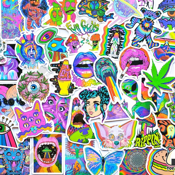 Lot de 50 autocollants « Psychédéliques » | Mauvaise herbe 420 | Art abstrait coloré | Groovy | Illusions | Génial | Décoration hippie | Arc-en-ciel | Champignon trippy