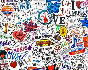 May include: A collection of colorful stickers with music-themed designs. The stickers feature various musical instruments, notes, and phrases like "Music is life" and "Rock Star".