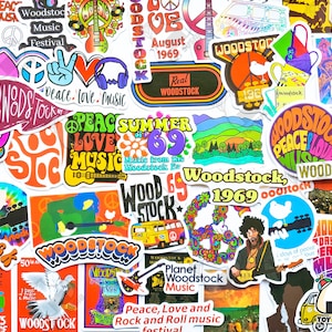 50-delig stickerpakket "Woodstock Concert" | Vredessticker | Boho-decor | Gitaarsticker | Hippiedecoratie | Boho | Vredesteken | Muziekfestival
