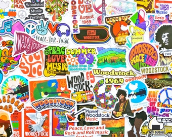 May include: A collection of colorful stickers featuring the Woodstock Music and Art Fair logo, peace signs, and the text "Peace, Love, and Music".