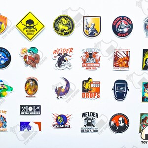 May include: A collection of colorful stickers with welding-themed designs. The stickers feature images of welders, welding tools, and text such as "Welding Addict," "Zero Flux Given," and "Metal Worker." The stickers are in various shapes and sizes.