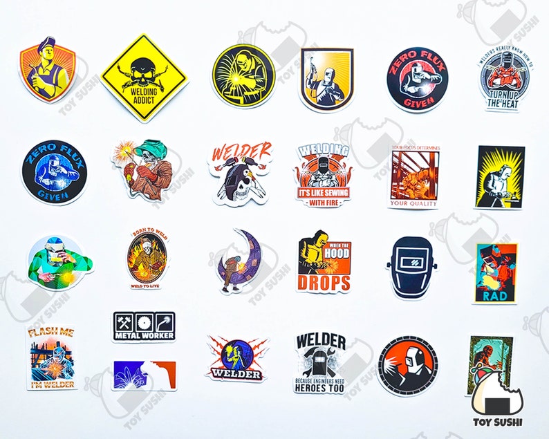 May include: A collection of colorful stickers with welding-themed designs. The stickers feature images of welders, welding tools, and text such as "Welding Addict," "Zero Flux Given," and "Metal Worker." The stickers are in various shapes and sizes.