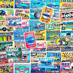 55 Stück "Retro Garage Blechschilder" Sticker Set | Kolben | Mann Höhle Dekor | Rennwagen Geburtstag | Vintage Rennsport | Fettmotor | Hot Rod Aufkleber
