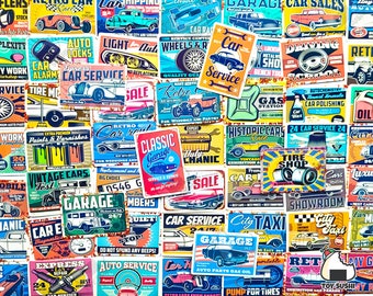 55 pcs "Retro Garage Tin Signs" Sticker Pack | Piston | Man Cave Decor | Race Car Birthday | Vintage Racing | Grease Motor | Hot Rod Decals