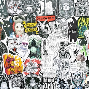 May include: A collection of black and white stickers with occult and gothic themes. The stickers feature illustrations of skulls, demons, cats, and other dark imagery. Some stickers have text, including "Ouija Can Do It!" and "Return to Sender."
