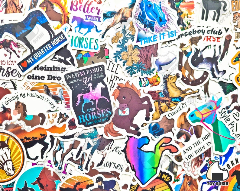 May include: A collection of colorful horse-themed stickers with various designs and phrases, including "I love my quarter horse", "Reining is a dream", "In every family there is a girl who's obsessed with horses", "Take it is", "Horseboy club", "Correct", "And the horse you rode in on", "Style points", "I'm that girl", and "Toy Sushi".