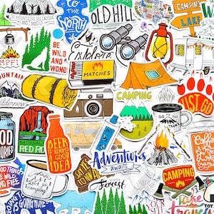 Pacote de adesivos "Equipamento de acampamento" com 50 peças | Equipamento de sobrevivência | Equipamento de caminhada | Ao ar livre | Adesivos de viagem | Adesivo de montanha | Presente para ele | Caneca de acampamento