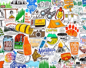 50 pcs "Camping Gear" Sticker Pack | Survival Gear | Hiking Gear | Outdoor | Travel Stickers | Mountain Sticker | Gift for him | Camp Mug