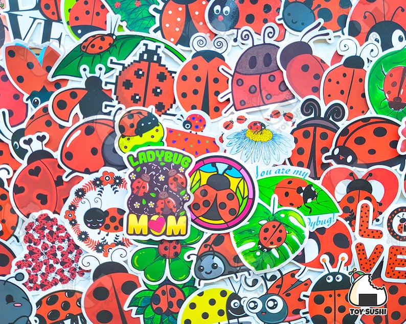 May include: A collection of colorful ladybug stickers with various designs, including hearts, flowers, and the words "Ladybug Mom" and "You are my ladybug".