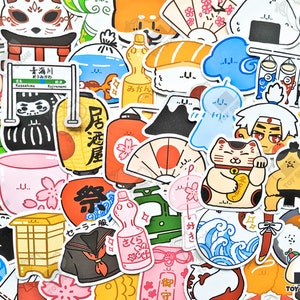 Lot de 50 autocollants « Culture japonaise » | Teru Teru Bozu | Maneki Neko | Chat porte-bonheur | Koi | Streetwear japonais | Samouraï | Sushis | Sumo | Saké