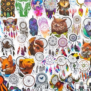 Pack d'autocollants « attrape-rêves » de 57 pcs | Suspension murale | Ojibwé | Bohème | Amérindien | Première nation | Charms | Bohème | Plumes