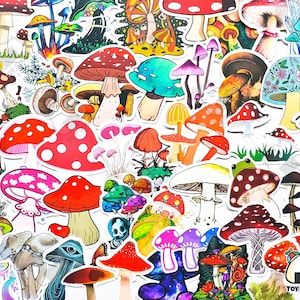 Lot de 50 autocollants « Champignons » | Forêt verte | Feutre de champignon | Psychédélique | Ornement champignon | Spores de champignons | Fleurs | Stickers plantes