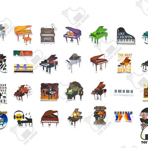 May include: A collection of 24 colorful piano-themed stickers. The stickers feature various designs, including pianos, musical notes, and humorous text. Some of the text includes "I Like Chopin", "The Best Players Are On The Bench", and "Don't Make A Mistake When I Play Piano".