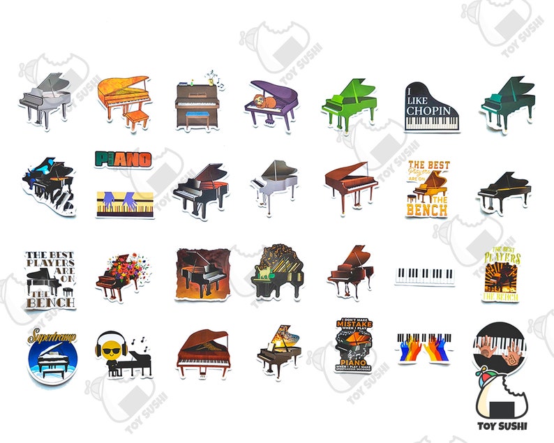 May include: A collection of 24 colorful piano-themed stickers. The stickers feature various designs, including pianos, musical notes, and humorous text. Some of the text includes "I Like Chopin", "The Best Players Are On The Bench", and "Don't Make A Mistake When I Play Piano".