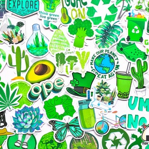Paquete de pegatinas "Go Green" de 50 piezas / Pegatinas vegetarianas / veganas / Cactus / Ecológico / Limpieza / Aguacate / Vegetal / Pegatinas de papelera de reciclaje
