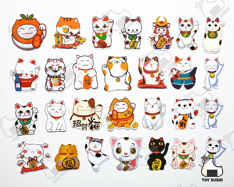 May include: A set of 28 colorful cartoon lucky cat stickers. The cats are in various poses and have different expressions. Some of the cats are holding items like a fish, a coin, or a sake bottle. The stickers are perfect for adding a touch of whimsy to your belongings.