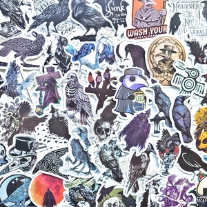 May include: A collection of colorful stickers featuring ravens, skulls, and plague doctor imagery. The stickers have a gothic and macabre theme. Some of the stickers have text, including "Junk in the Tru", "Mourners No. 1", "Wash Your Dirty Hands", and "Leech".