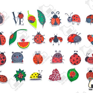 May include: A collection of colorful ladybug stickers with various designs, including hearts, watermelons, and flowers. The stickers feature red, black, yellow, and green colors. The word "LOVE" is also included in the sticker set.