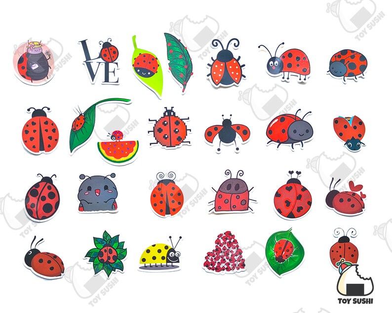 May include: A collection of colorful ladybug stickers with various designs, including hearts, watermelons, and flowers. The stickers feature red, black, yellow, and green colors. The word "LOVE" is also included in the sticker set.