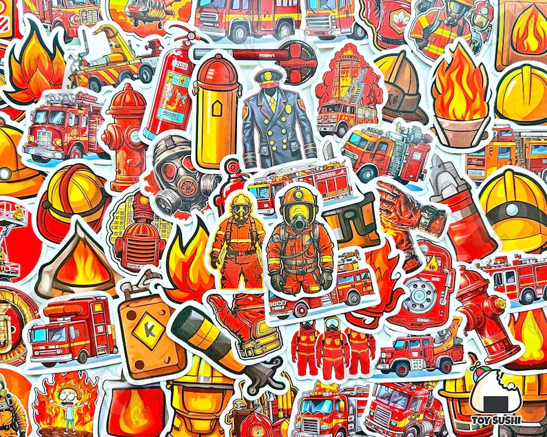 May include: A collection of colorful firefighter themed stickers. The stickers feature fire trucks, fire hydrants, firefighters, flames, and other fire-related imagery. The stickers are perfect for adding a touch of fun and personality to any surface.