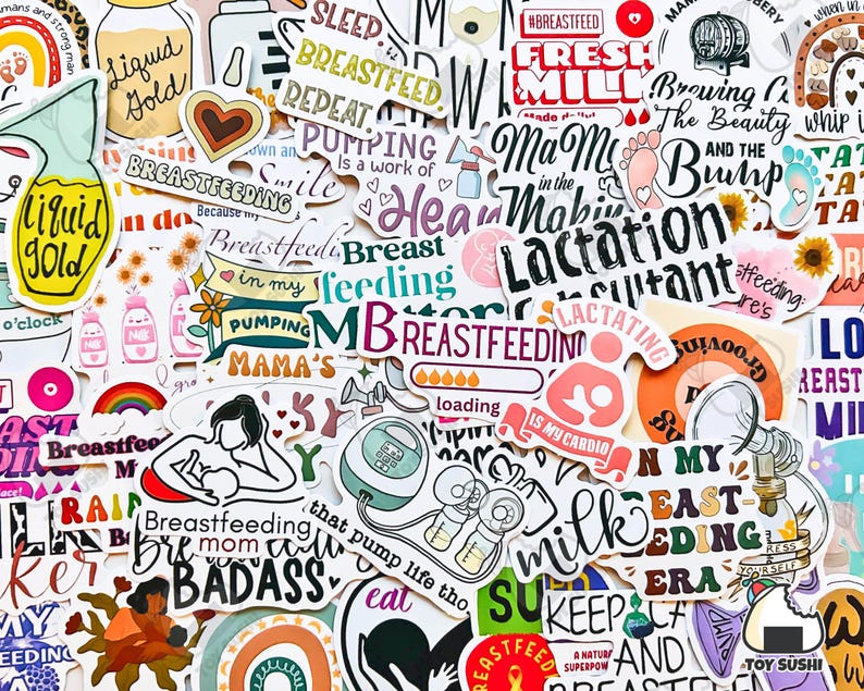 May include: A collection of colourful stickers with various phrases related to breastfeeding, including "Breastfeeding is my cardio", "Fresh Milk", "Pumping Mama's", and "Lactation Consultant".