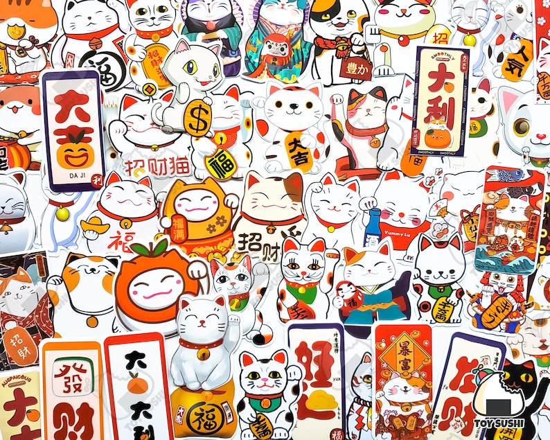 May include: A collection of colorful stickers featuring Japanese Maneki-Neko, or lucky cat, figures. The stickers feature various poses, colors, and designs, including traditional red and gold, white with gold accents, and black and white. Some stickers feature the Japanese characters for "good luck" and "fortune".