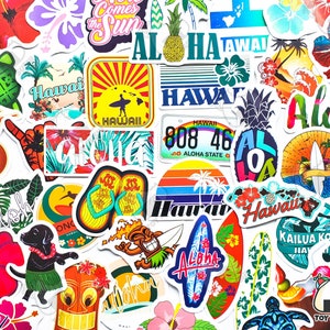 Lot de 50 autocollants « Hawaï » | Hawaïenne | Tropicale | Autocollants de voyage | Cadeaux de voyage | Stickers bagages | Souvenirs | Vie à la plage | Aloha