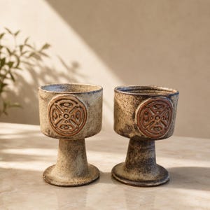 Vintage Tremar Celtic Knot Goblets | Set of 2 Stoneware Wine Chalices | Handmade Studio Pottery | Cornwall