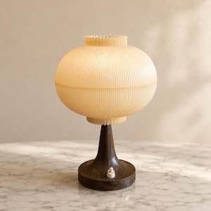Vintage MK Leuchten Space Age Table Lamp with Ribbed Cream Globe Shade and Brown Bakelite Style Base