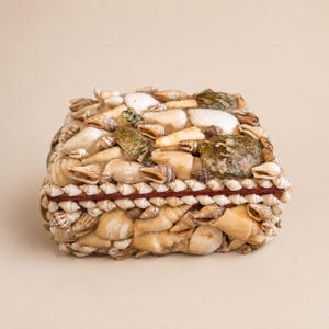 Large Vintage Seashell Jewelry Box with Red Velvet Interior, Handmade Coastal Trinket Box, Ocean Lover Gift