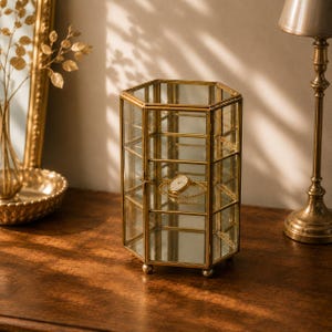 Vitrina de cristal vintage | Vitrina de latón para joyas | Vitrina con espejo | Armario para baratijas estilo Hollywood Regency | Decoración de vitrina de cristal