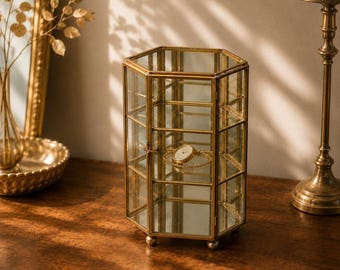 Vetrina vintage in vetro | Vetrina portagioie in ottone | Vetrina con specchio | Vetrina portagioie in stile Hollywood Regency | Decorazione per vetrine