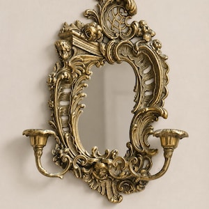 Vintage Ornate Brass Wall Mirror with Candle Holders | Baroque Rococo Sconce Mirror | Gold Statement Mirror