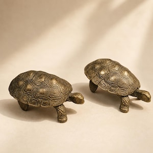 Peut inclure: Deux petites figurines de tortue en laiton de style antique avec des carapaces texturées détaillées et des pattes positionnées de manière réaliste. Chaque tortue présente une finition métallique patinée avec des nuances sombres.
