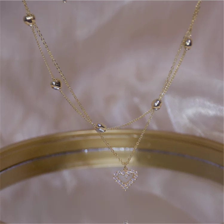 Necklace Double Chain Heart Pendant | Etsy UK