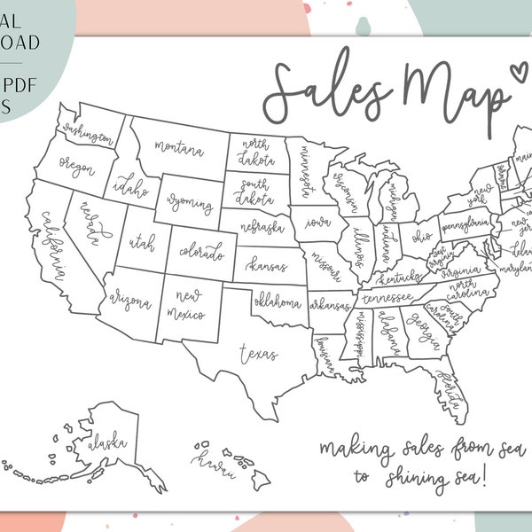 US Sales Map for Small Business - Printable Sales Map - Map Coloring Sheet - Sales Map for Procreate