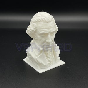 May include: White 3D printed bust of a man with short, wavy hair. The bust is on a small, square base.