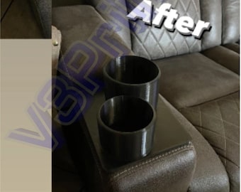 May include: Before and after photos of a couch armrest. The before photo shows a single cup holder. The after photo shows two black cup holders mounted on a black surface.