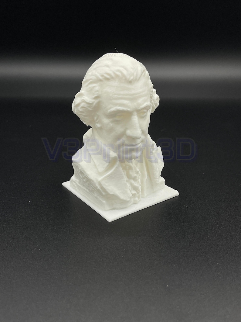 May include: White 3D printed bust of a man with short, wavy hair. The bust is on a small, square base.