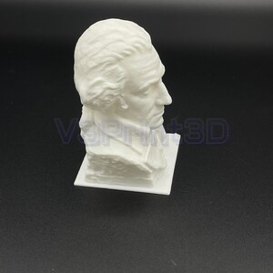May include: White 3D printed bust of a man with a short, wavy hairstyle. The bust is on a white base.